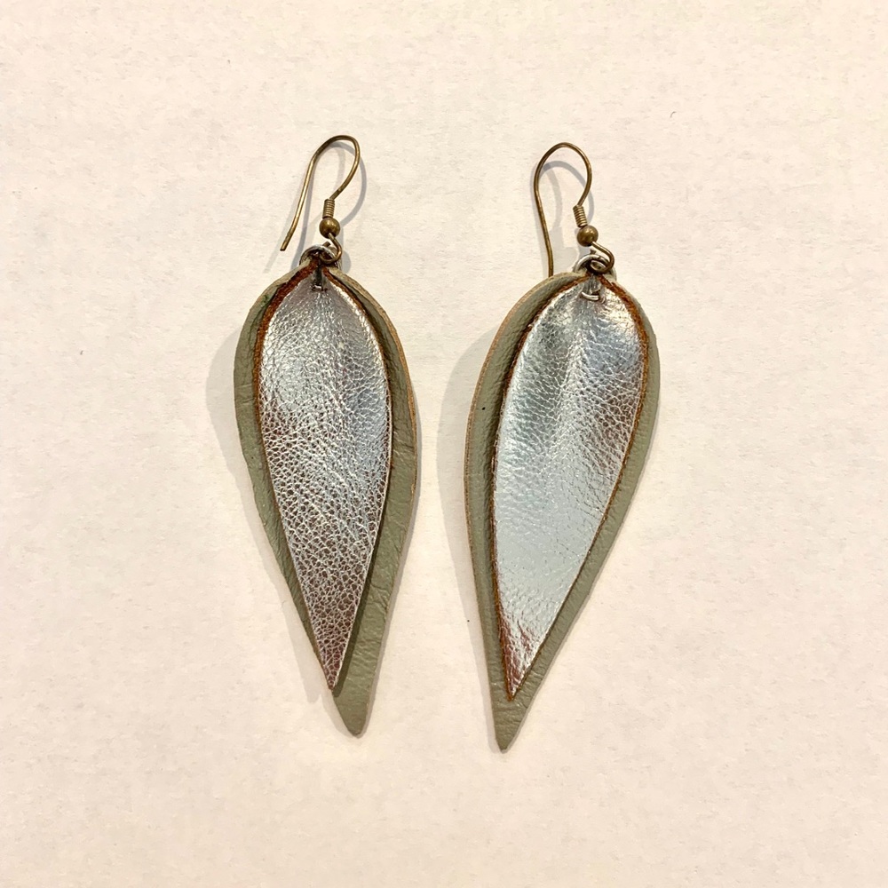 Magnolia silver metallic leather leaf earrings
